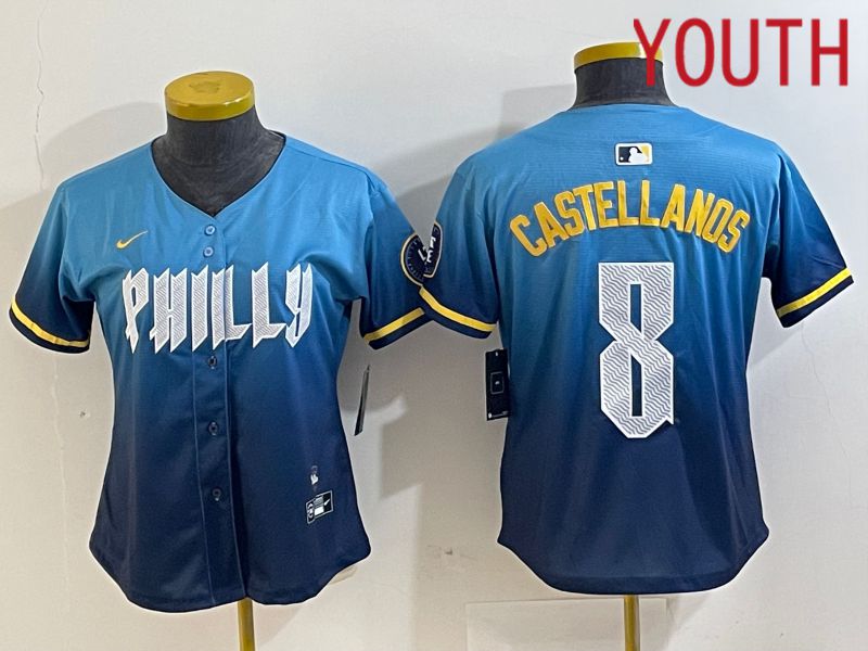 Youth Philadelphia Phillies 8 Castellanos Blue City Edition Nike 2024 MLB Jersey style 1